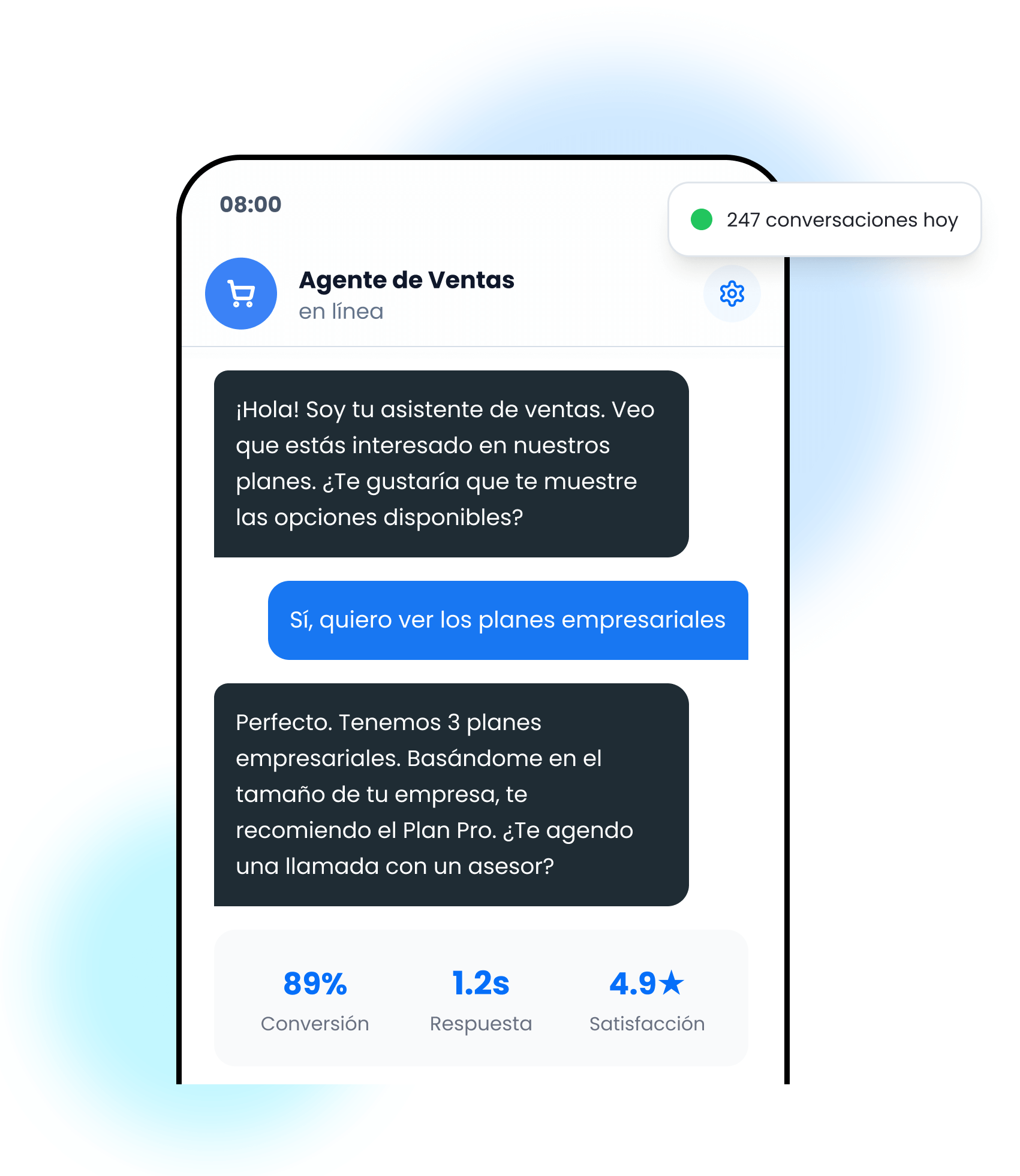 Mockup de conversación de Agente IA